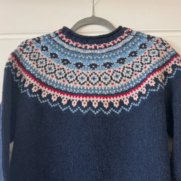 L.L. Bean Navy Fair Isle Crewneck Sweater with Light Blue and Red Accents - Picture 3 of 4